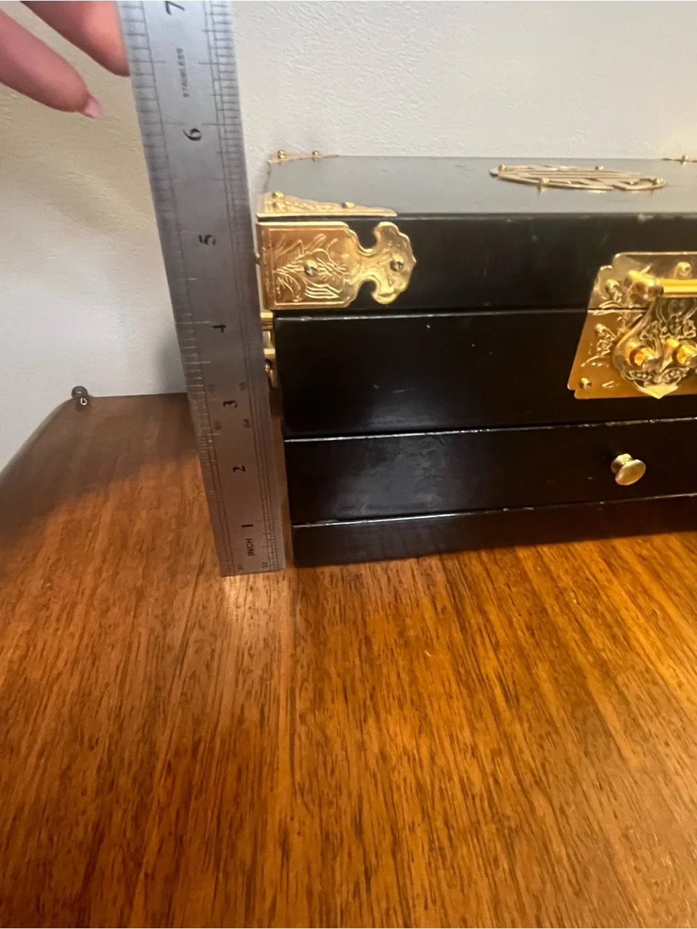 Vintage Asian Black Lacquer Jewelry Box Drawer Brass Hardware Chinese Longevity